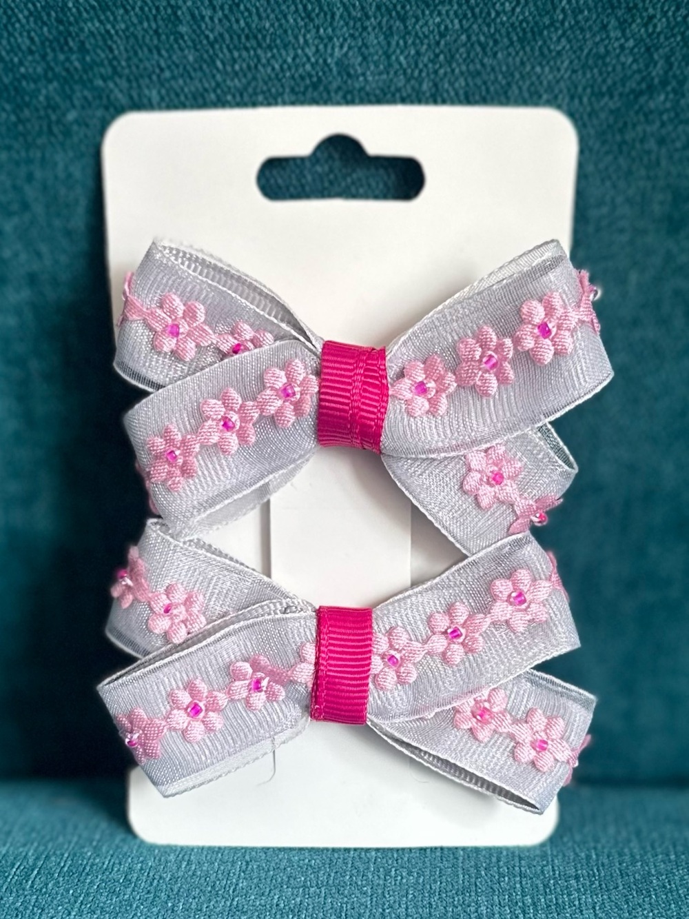 Handmade Kids Floral Ribbon Hair Bows - Pink on Light Gray